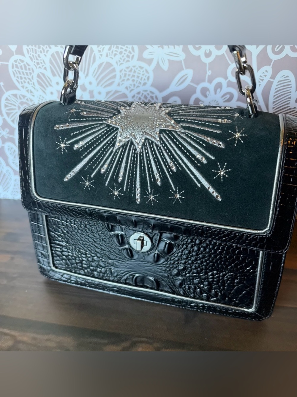 FIRM Brahmin Hallie Black Revel Luxury CRYSTALS ITALIAN SUEDE Satchel Bag $495 - Picture 7 of 13